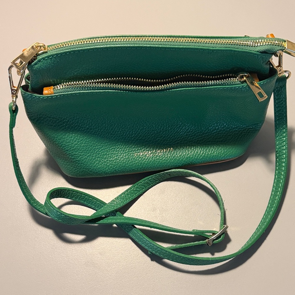 Chic Green Crossbody Bag with Gold Details
10 1/2 by 6 1/2